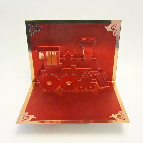 TRAIN LOCOMOTIVE Pop Up 3D BIRTHDAY Card Handmade Home Décor Cut by Hand Origamic Architecture in Metallic Red and Metallic Gold