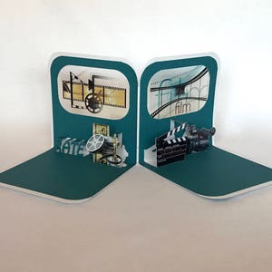 FILM COLLEGE GRADUATE CONGRATULATIONs GREETiNG CaRD 3D Pop Up Opens to a Standing 90 Degree Double Sided in Teal & White. CUSToM ORDeR OOaK image 8