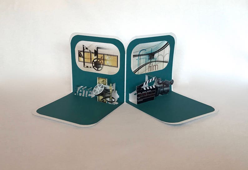 FILM COLLEGE GRADUATE CONGRATULATIONs GREETiNG CaRD 3D Pop Up Opens to a Standing 90 Degree Double Sided in Teal & White. CUSToM ORDeR OOaK image 8