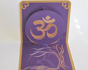 LOSAR OM Mantra 3D Pop Up Card and Tree Of Life SILHOUETTE Cutout Original Design Handmade in Purple and Shimmery Gold Back One Of A Kind