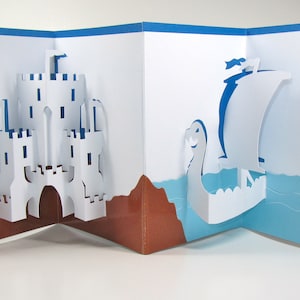 Pop-Up Handmade Card Medieval Castle and Dragon Head Viking Ship Nautical Home Décor in White Blue and Brown One of a Kind image 4