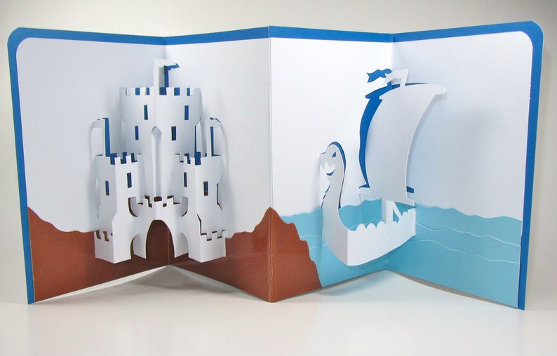 Pop-Up Handmade Card Medieval Castle and Dragon Head Viking Ship Nautical Home Décor in White Blue and Brown One of a Kind image 4