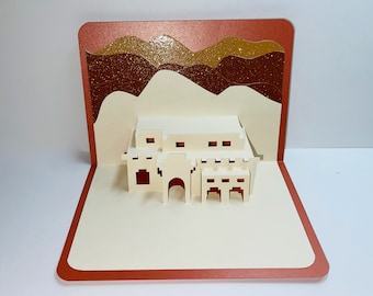 Santa Fe House Pop-Up 3D Card Home Décor Origamic Architecture Handmade in Ivory and Earth Tones of Shimmery Brown and Mustard Sand OOAK