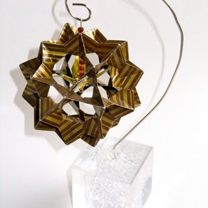 Ornament Home Décor 3D Modular Origami Made Of Gold and Brown Stripes Washi Paper Displayed on an Ornament Stand OOAK image 5