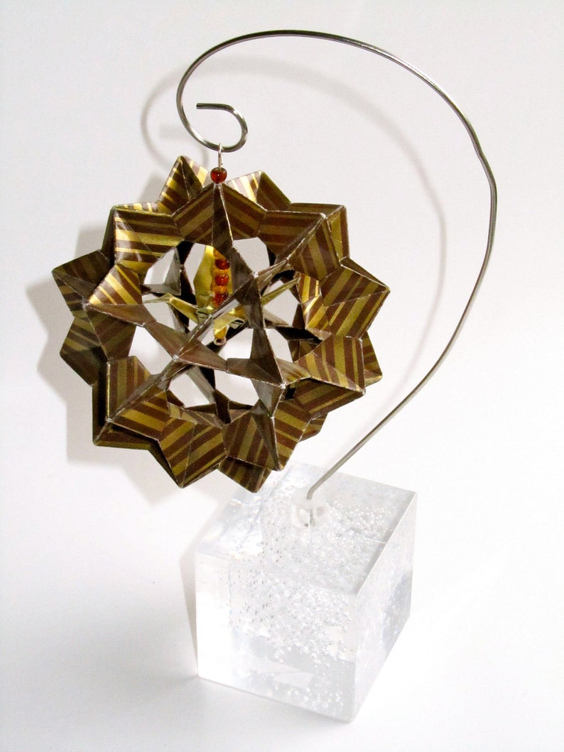 Ornament Home Décor 3D Modular Origami Made Of Gold and Brown Stripes Washi Paper Displayed on an Ornament Stand OOAK image 5