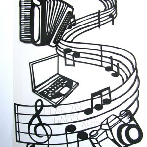 May include: Black and white paper cut-out art featuring a musical staff with treble clef, musical notes, an accordion, a laptop, and a camera. The text "Dear Ziv Happy 40th" is written on the staff.