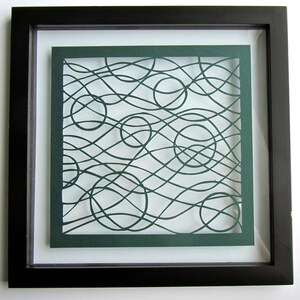 Circles and Waves Silhouette Paper Cut Wall Art Home Décor  ORIGINAL Design SIGNED  Handcut Handmade in Forest Green FRAMED  One Of A Kind