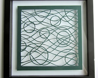 Circles and Waves Silhouette Paper Cut Wall Art Home Décor  ORIGINAL Design SIGNED  Handcut Handmade in Forest Green FRAMED  One Of A Kind