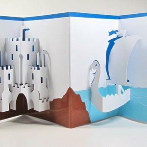 Pop-Up Handmade Card Medieval Castle and Dragon Head Viking Ship Nautical Home Décor in White Blue and Brown One of a Kind image 2