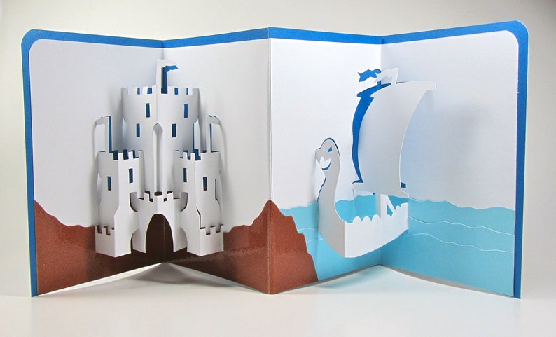 Pop-Up Handmade Card Medieval Castle and Dragon Head Viking Ship Nautical Home Décor in White Blue and Brown One of a Kind image 2