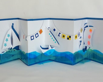 REGATTA HAPPY SAILING FLAGs & Sailboats Pop-Up 3D Card Handmade in White Dark Blue Turquoise Green Transparent Shades on Metallic Blue OOaK