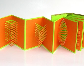 POP UP ACCORDION Book w/Hard Cover Original Hand Cut 6 Origamic Architecture Sculptures Home Decor In Orange and Neon Green OOaK