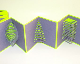 POP UP ACCORDION Book w/Hard Cover Original Hand Cut 8 Origamic Architecture Sculptures Home Decor In Purple and Neon Green OOaK