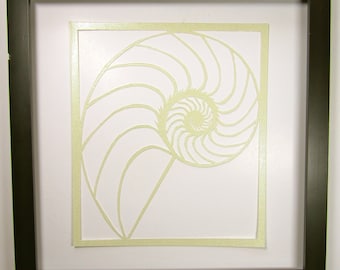 NAUTILUS Shell Silhouette Paper Cutout in Shimmery Light Yellow Symbolic Wall Art Home Décor ORIGINAL Design SIGNED Hand Cut Framed OOaK