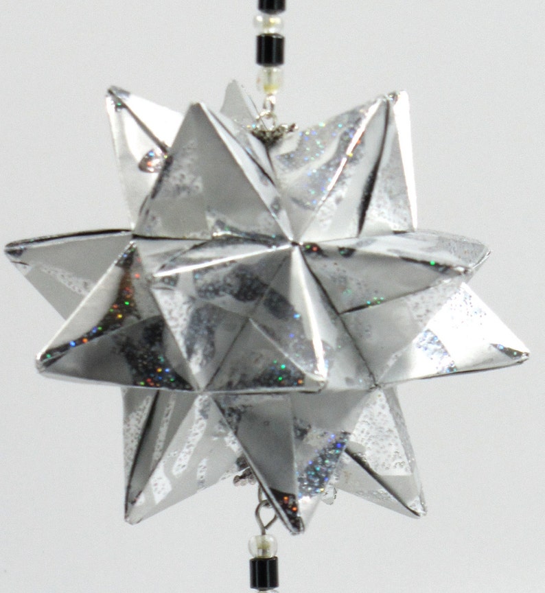 CHRISTMAS ORNAMENT GIFT Star Ball Modular Origami, Handmade, Home Décor, made in Shimmery Silver Paper on Silver a Tone Ornament Stand OOaK image 4