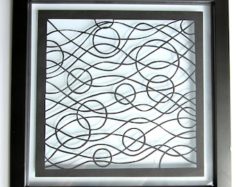 WAVES And CIRCLES ORIGINAL Design Abstract Silhouette Papercut FATHERs Day Gift in Black Wall Art Décor SiGNED, FRAMeD Handcut One of a Kind