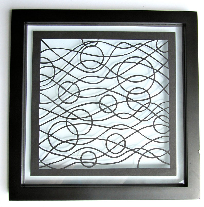 WAVES And CIRCLES ORIGINAL Design Abstract Silhouette Papercut FATHERs Day Gift in Black Wall Art Décor SiGNED, FRAMeD Handcut One of a Kind image 1
