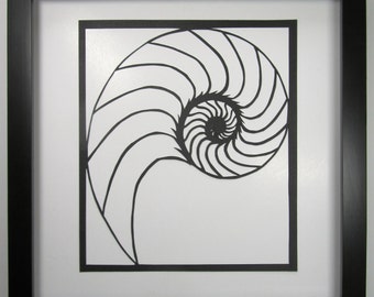 NAUTILUS Shell Silhouette Paper Cutout Handcut in Black Symbolic Wall Art Home Décor ORIGINAL Design SIGNED Hand Cut Framed One Of A Kind