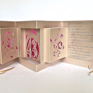 HAPPY BIRTHDAY 3D Pop Up Accordion Book-Card w/Flowers Cutouts Original Handmade in Metallic Mauve w/Hard Cover Binding CUSTOM ORDeR. OOaK image 7
