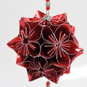 VALENTINE'S GiFT ORNAMENT Decoration Handmade Modular Origami Kusudama Home Décor in Bright Red Paper, on Ornament Stand One Of A Kind image 4