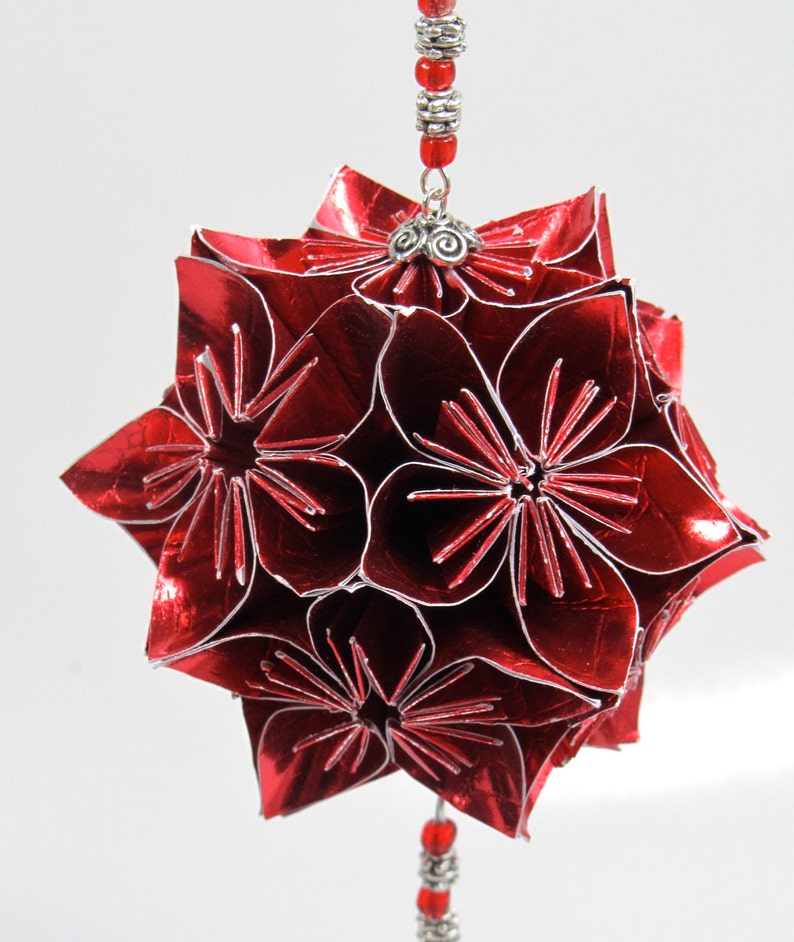 VALENTINE'S GiFT ORNAMENT Decoration Handmade Modular Origami Kusudama Home Décor in Bright Red Paper, on Ornament Stand One Of A Kind image 4