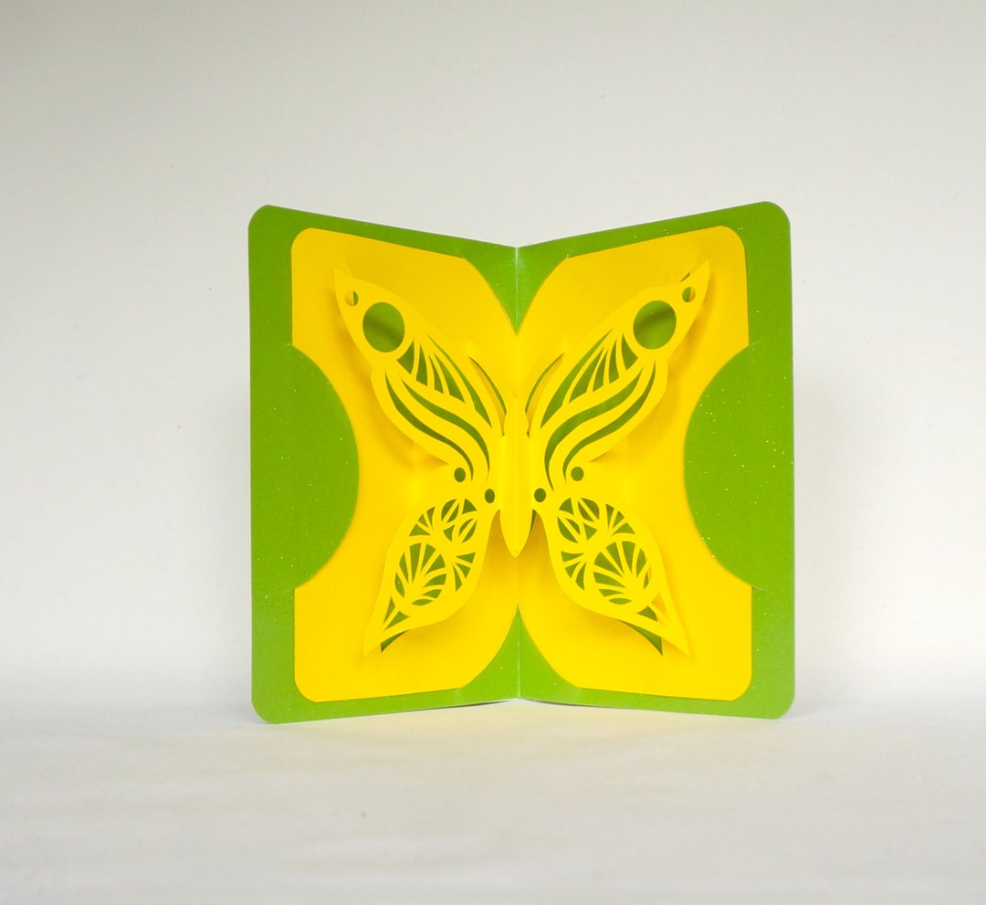 BUTTERFLY LOVE 3D Pop up Card Handmade Hand-cut in Yellow and Metallic ...