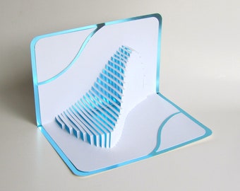 FATHER’S DAY Gift Pop Up Home Décor 3D The WAVE Handmade Cut by Hand Origamic Architecture in White and Bright Shimmery Metallic Light Blue.