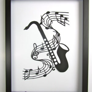 Saxophone and Music Notes GRADUATION Gift Black Silhouette Paper Cut 4 Music Lovers Wall and Home Décor Handmade Framed One Of A Kind image 3