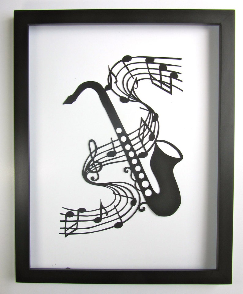 Saxophone and Music Notes GRADUATION Gift Black Silhouette Paper Cut 4 Music Lovers Wall and Home Décor Handmade Framed One Of A Kind image 3