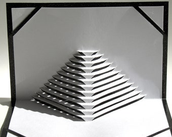 Pop Up Geometric Architecture Home Decor Card HANDMADE With Intricate Pyramid Stairs To Success, in White and Metallic Shimmery Black.