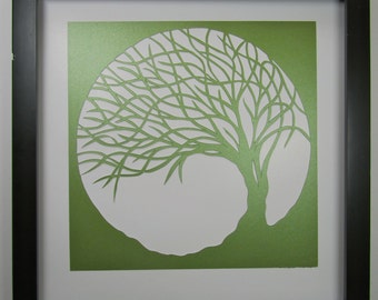 St Patrick's Gift TREE Of LIFE ORIGiNAL DESiGN Wall Art and Home Décor Silhouette Paper Cut in Olive Green HANDMADe Framed & Signed OOaK