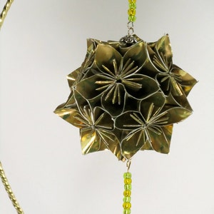 CHRISTMAS Gift STAR Kusudama Modular Origami HANDMADE in Shimmery Gold Metallic Paper, Displayed on Metal Ornament Stand OOaK image 1