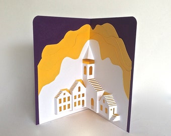 MEDITERRANEAN LANDSCAPE Pop-Up 3D CARD Origamic Architecture Handmade in White, Deep Yellow & Royal Purple Home Décor One Of A Kind