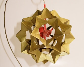 CHRISTMAS GIFT Ornament Decoration 3D Modular Origami Handmade in Metallic Gold With Red Paper Crane Hung on Ornament Stand OOaK