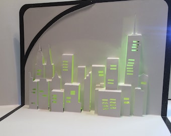 NEW YORK SKYLINE Pop Up 3d Card Home Decoration Origamic Architecture Hand Cut in White, Yellow and Metallic Shimmery Black Folds Flat OOaK