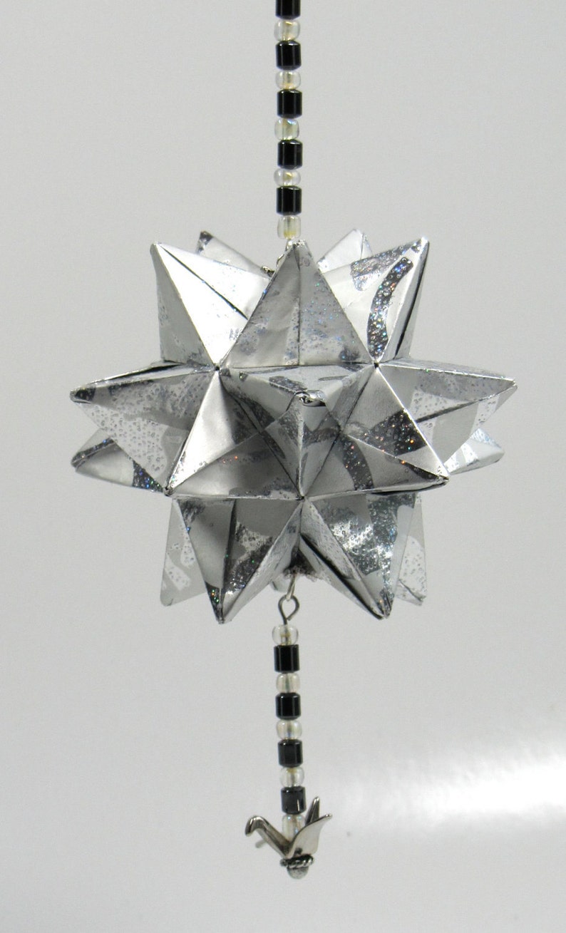 CHRISTMAS ORNAMENT GIFT Star Ball Modular Origami, Handmade, Home Décor, made in Shimmery Silver Paper on Silver a Tone Ornament Stand OOaK image 1