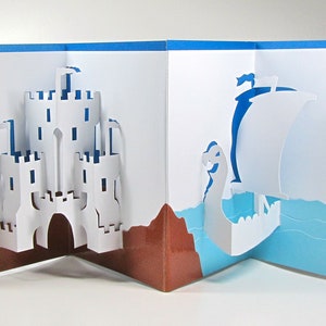 Pop-Up Handmade Card Medieval Castle and Dragon Head Viking Ship Nautical Home Décor in White Blue and Brown One of a Kind image 1