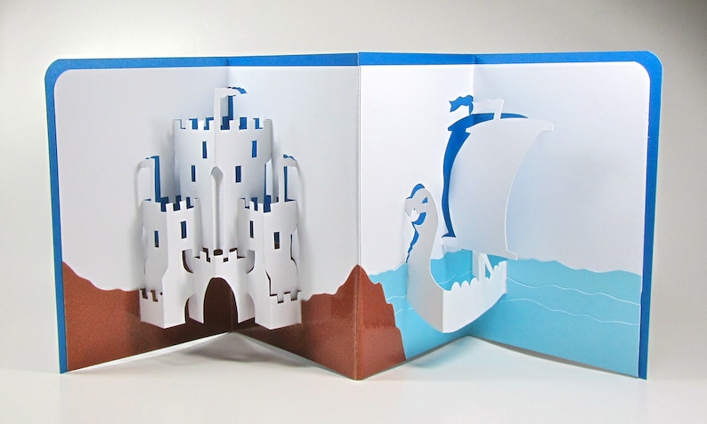 Pop-Up Handmade Card Medieval Castle and Dragon Head Viking Ship Nautical Home Décor in White Blue and Brown One of a Kind image 1