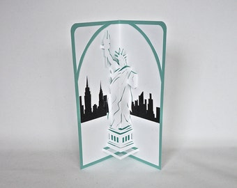 STATUE of LIBERTY & NY Skyline 3d Pop Up NATURALIZATiON Wishes Card Home Decor Hand Cut in White, Shiny Black Metallic Green Folds Flat OOaK