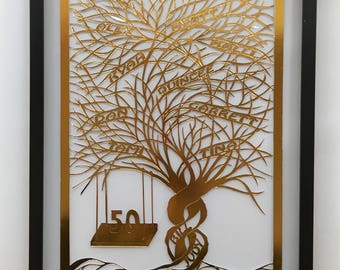 50th Anniversary FAMILY TREE Gift HANDMADe Custom Order in Gold Silhouette Paper Cut W/Names of Family Members ORIGINAL Design Framed OOaK