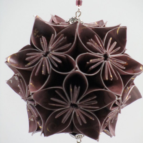 Ornament Home Décor KUSUDAMA Modular Origami HANDMADE in Burgundy w/Gold Embossed Paper, on Ornament Stand One Of A Kind