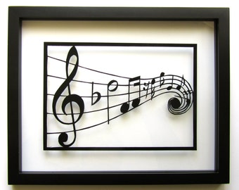 MUSIC Notes Silhouette Paper Cutout in Black GRADUATION Gift Wall and Home Décor ORIGINAL Design 4 Music Lovers SIGNeD Handmade Framed OOaK