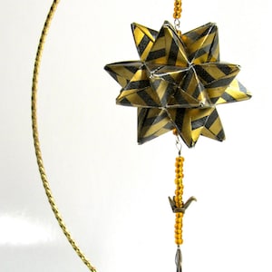 HOLIDAY ORIGAMI Handmade Star Ball Ornament Home Décor in Metallic Gold & Black Paper Hung on a Metal Gold Tone Ornament Stand One of a Kind