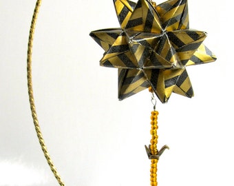 HOLIDAY ORIGAMI Handmade Star Ball Ornament Home Décor in Metallic Gold & Black Paper Hung on a Metal Gold Tone Ornament Stand One of a Kind
