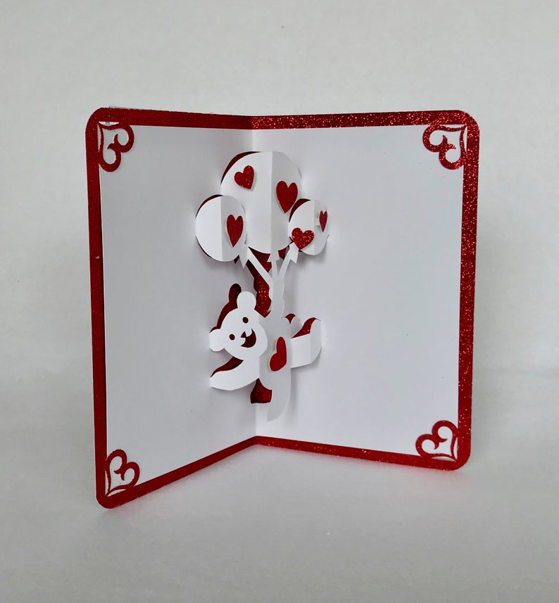 Pop Up VALENTINES Day Card I LOVE You BEARY Much Handmade Hand-cut in White and Metallic Red . One Of A Kind image 4