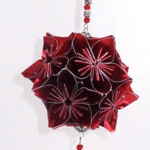 VALENTINE'S GiFT ORNAMENT Decoration Handmade Modular Origami Kusudama Home Décor in Bright Red Paper, on Ornament Stand One Of A Kind image 3