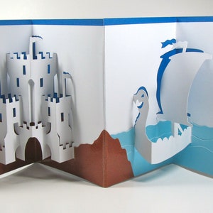 Pop-Up Handmade Card Medieval Castle and Dragon Head Viking Ship Nautical Home Décor in White Blue and Brown One of a Kind image 3