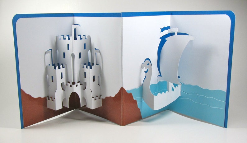 Pop-Up Handmade Card Medieval Castle and Dragon Head Viking Ship Nautical Home Décor in White Blue and Brown One of a Kind image 3