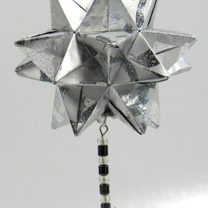 CHRISTMAS ORNAMENT GIFT Star Ball Modular Origami, Handmade, Home Décor, made in Shimmery Silver Paper on Silver a Tone Ornament Stand OOaK image 3