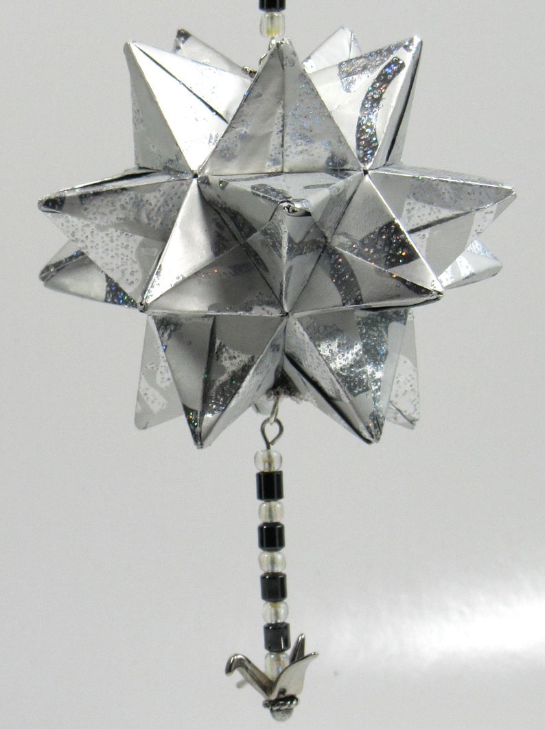 CHRISTMAS ORNAMENT GIFT Star Ball Modular Origami, Handmade, Home Décor, made in Shimmery Silver Paper on Silver a Tone Ornament Stand OOaK image 3
